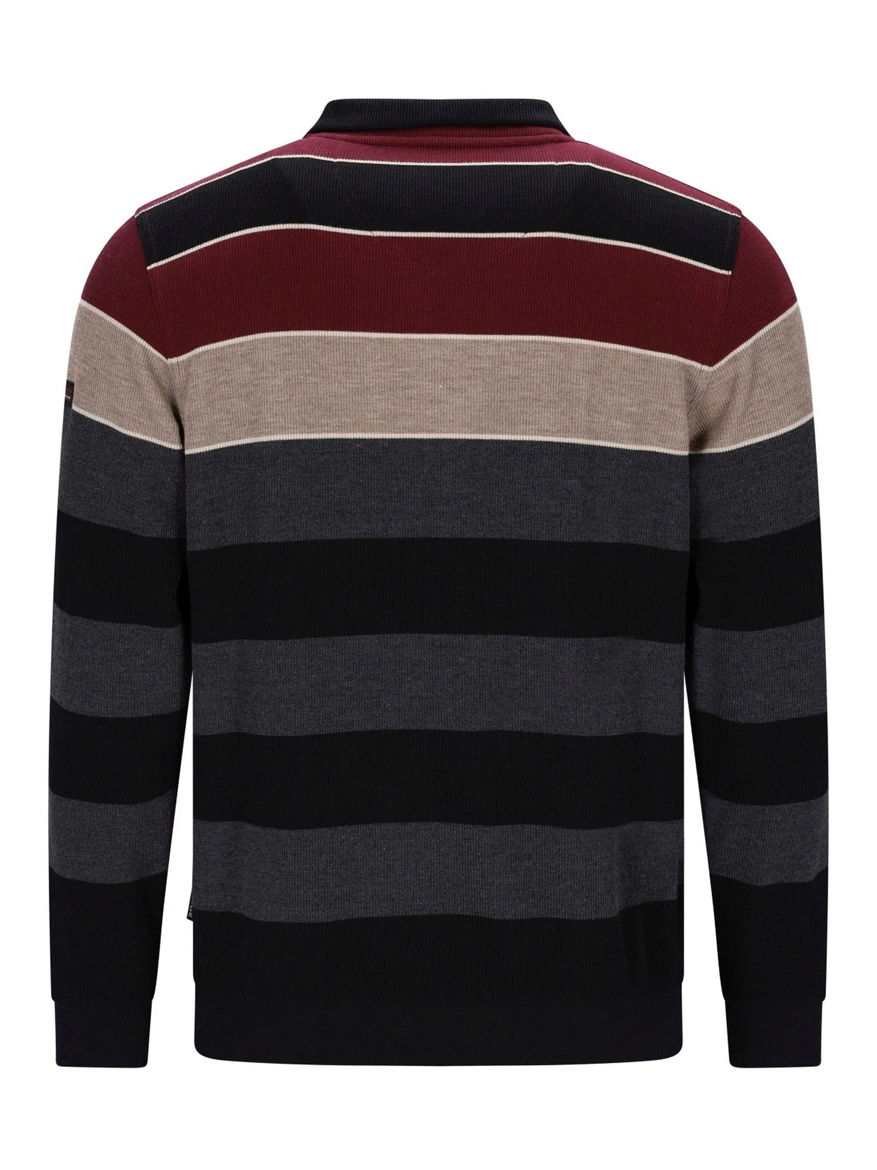 Gestreifter Pullover mit Bordeaux-, Schwarz- und Beige-Streifen auf dunklem Hintergrund.