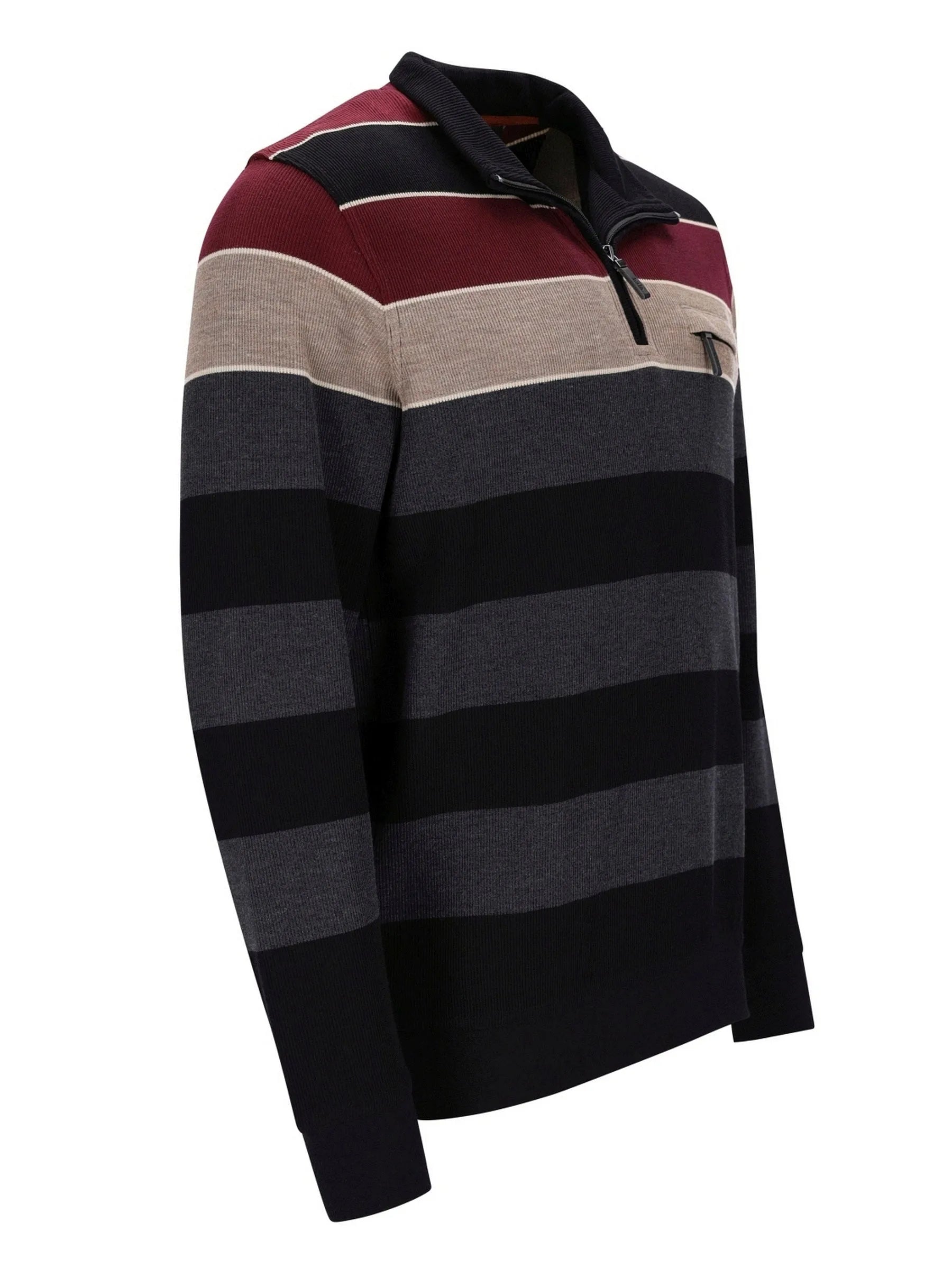 Gestreiftes Rugby-Shirt mit Maroon-, Schwarz- und Beige-Streifen auf weißem Hintergrund.