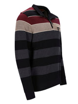 Gestreiftes Rugby-Shirt mit Maroon-, Schwarz- und Beige-Streifen auf weißem Hintergrund.