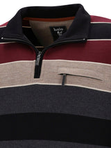 Halo Herren-Viertelreiß-Vertikaler-Streifen-Pullover in Kastanienbraun, Grau und Beige.
