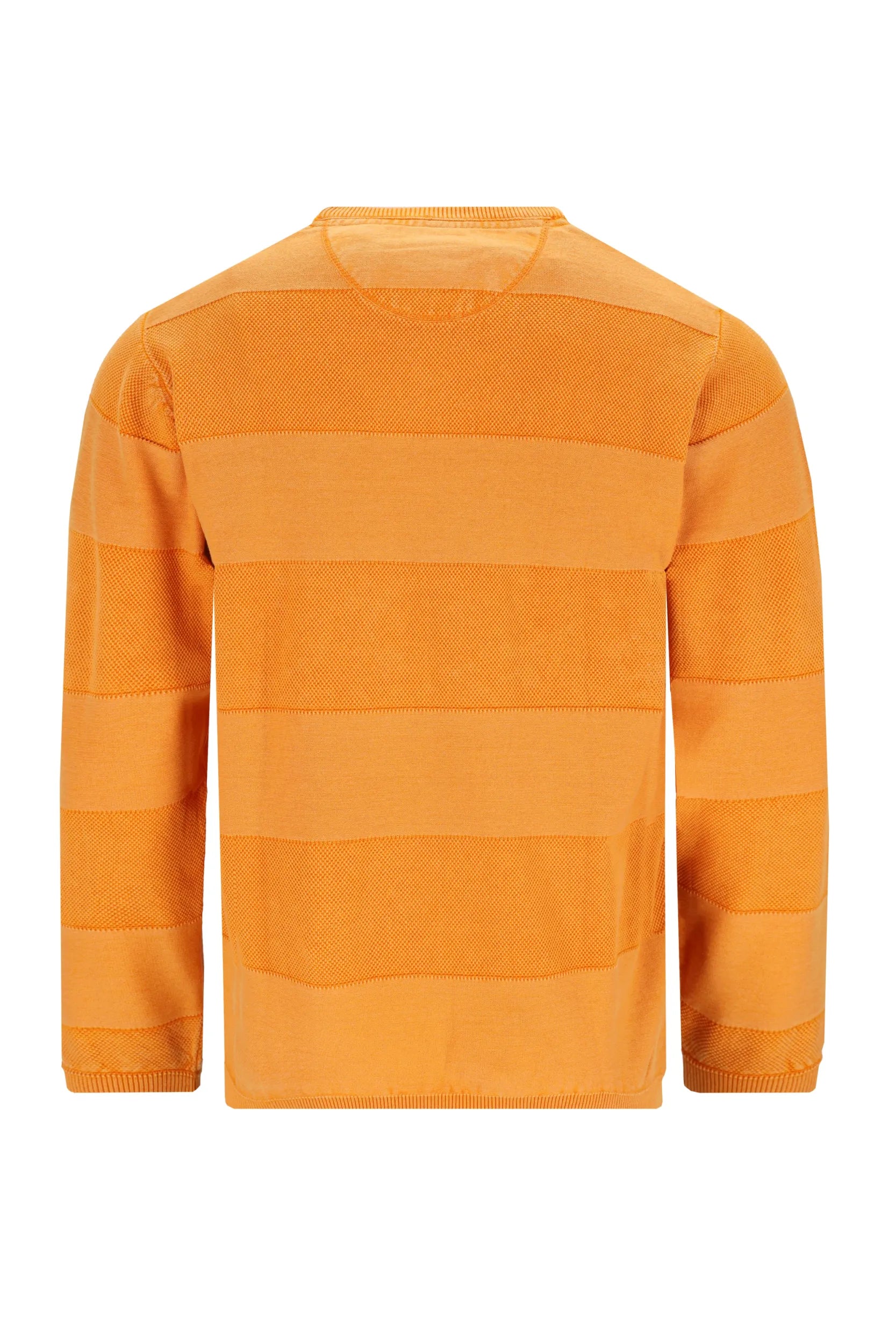 Orange gestreifter Pullover mit gerippten Bündchen und Saum, wahrscheinlich aus Baumwolle oder Polyester.