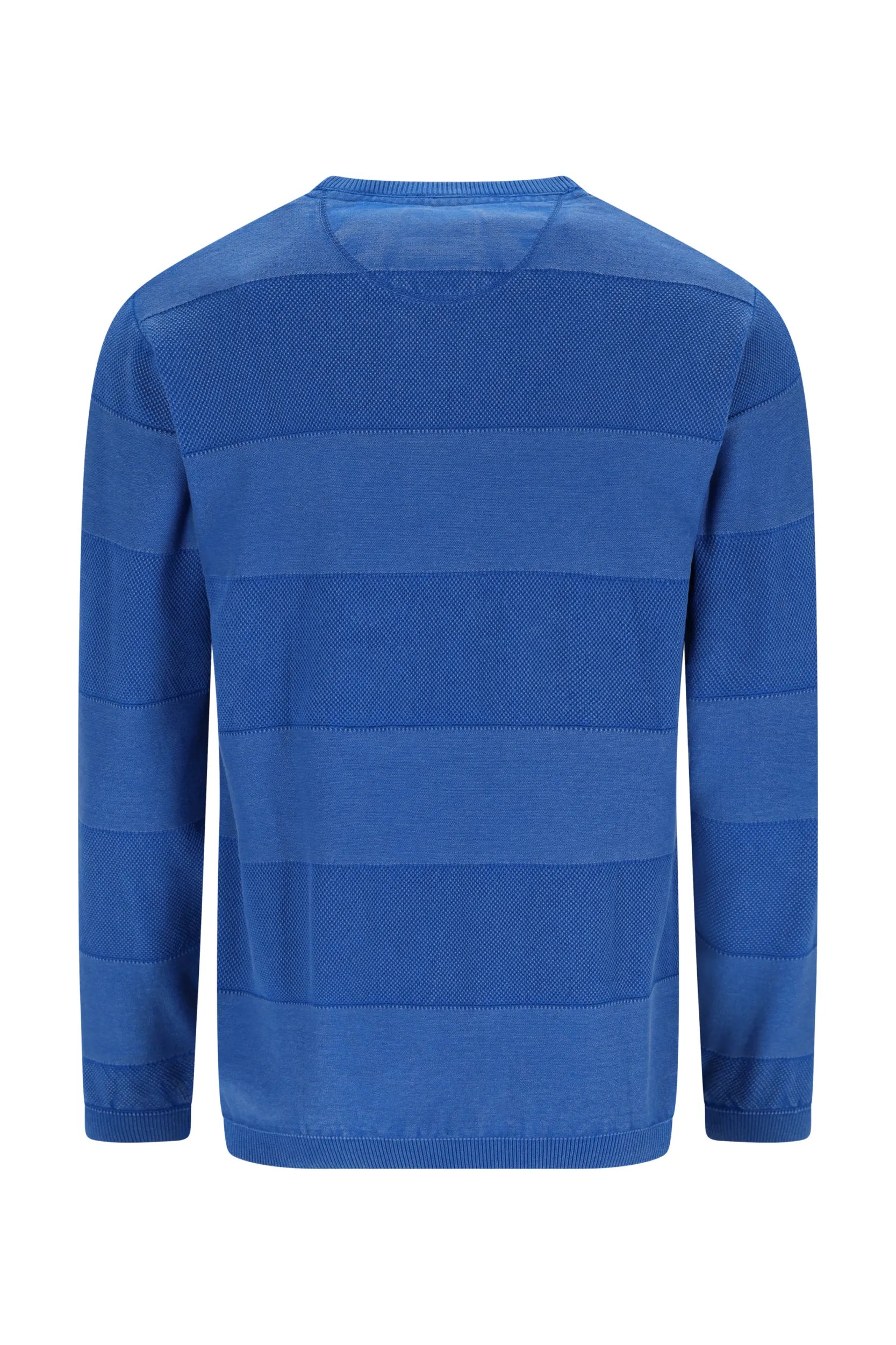 Königsblau gestreiftes Langarmshirt mit netzartiger Struktur und Rundhalsausschnitt.