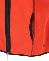 Orangefarbene Netz-Sicherheitsweste mit schwarzem Reißverschluss und Tasche.