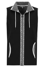 Schwarzer ärmelloser Hoodie mit weißen und grauen Akzenten, Reißverschluss und Schriftzug auf der Vorderseite.