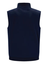 Eine marineblaue ärmellose Weste mit hohem Kragen.