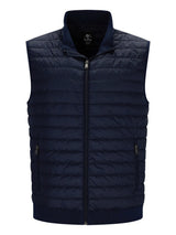 Marineblaue Steppjacke aus Daunen mit Reißverschluss und Taschen.
