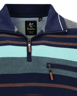 Halo Pullover mit Viertelreißverschluss für Herren mit marineblauem Grundton und mehrfarbigen Querstreifen, mit geripptem Kragen.