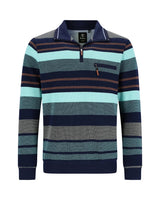 Gestreiftes Poloshirt mit marineblauen, blaugrünen und braunen Streifen auf einem strukturierten Stoff.