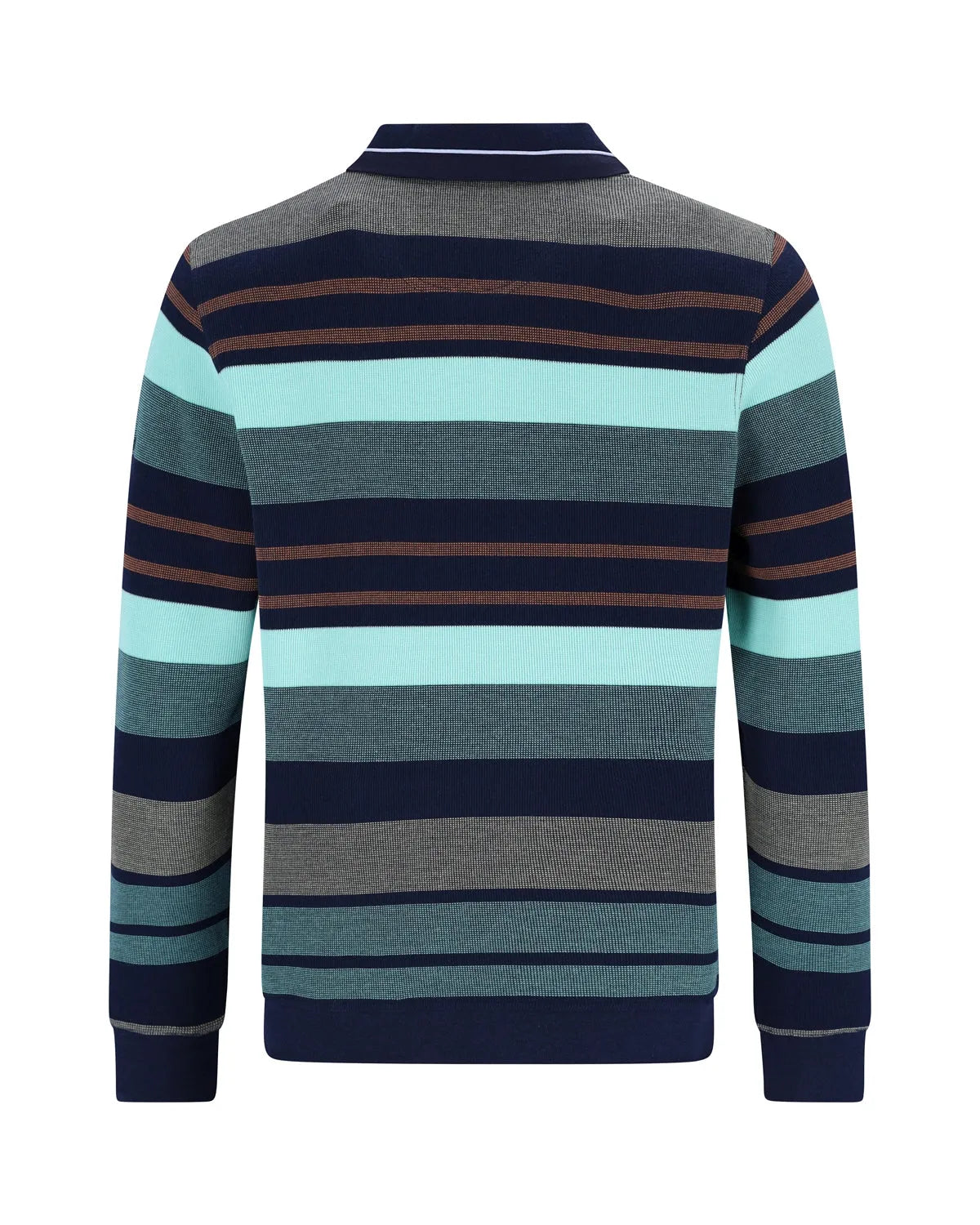 Gestreiftes Poloshirt mit marineblauen, blaugrünen und braunen Streifen auf einem strukturierten Strickgrund.