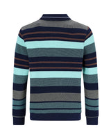 Gestreiftes Poloshirt mit marineblauen, blaugrünen und braunen Streifen auf einem strukturierten Strickgrund.